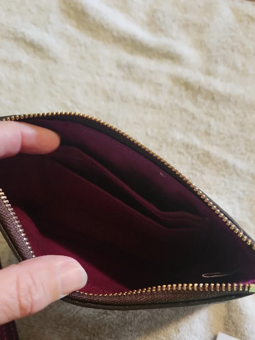 COACH Brown Signature Canvas Wristlet with Purple Center Panel